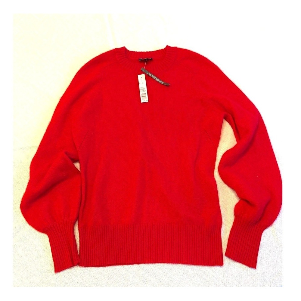 T100% Pure Cashmere Sweater Womens S Red Balloon Sleeve NWT Crewneck